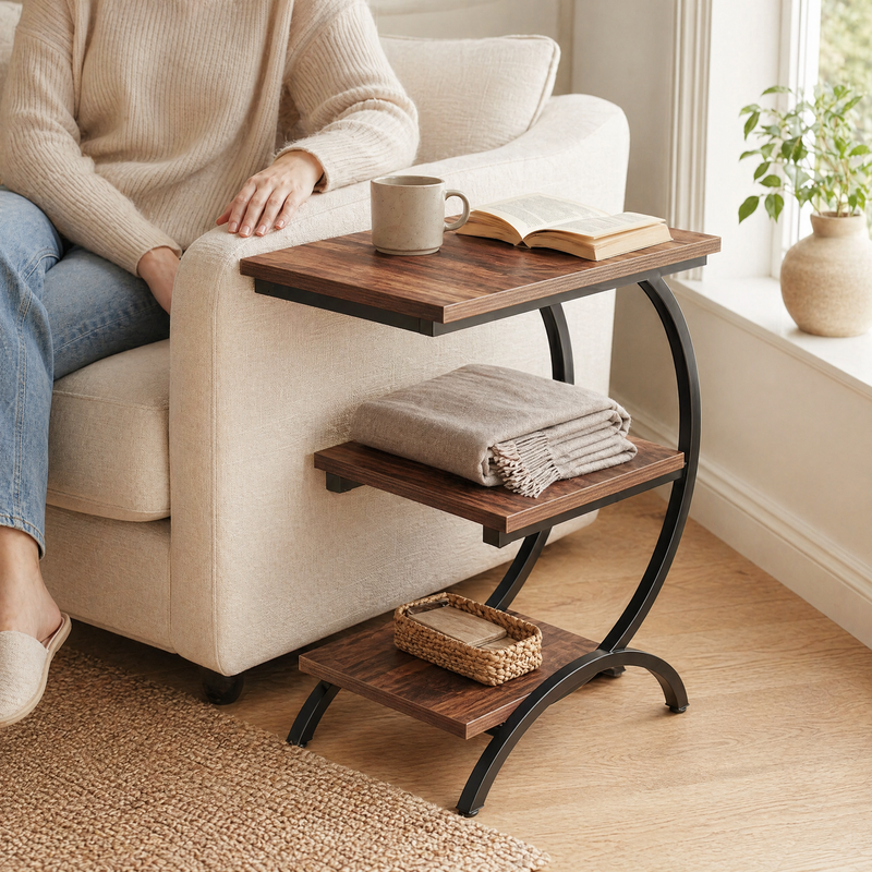 C-Shaped End Table with 3-Tier Shelves – Industrial Wood and Metal Sofa Side Table