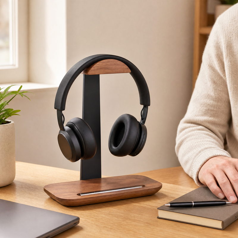 Wooden Headphone Stand – Aluminum Frame, Pen Slot, Desk Organizer for Home Office