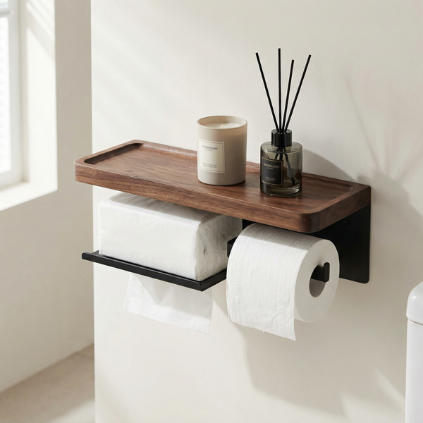 Walnut Toilet Paper Holder Shelf – Wall Mounted Tissue Box and Roll Organizer for Bathroom dimensions