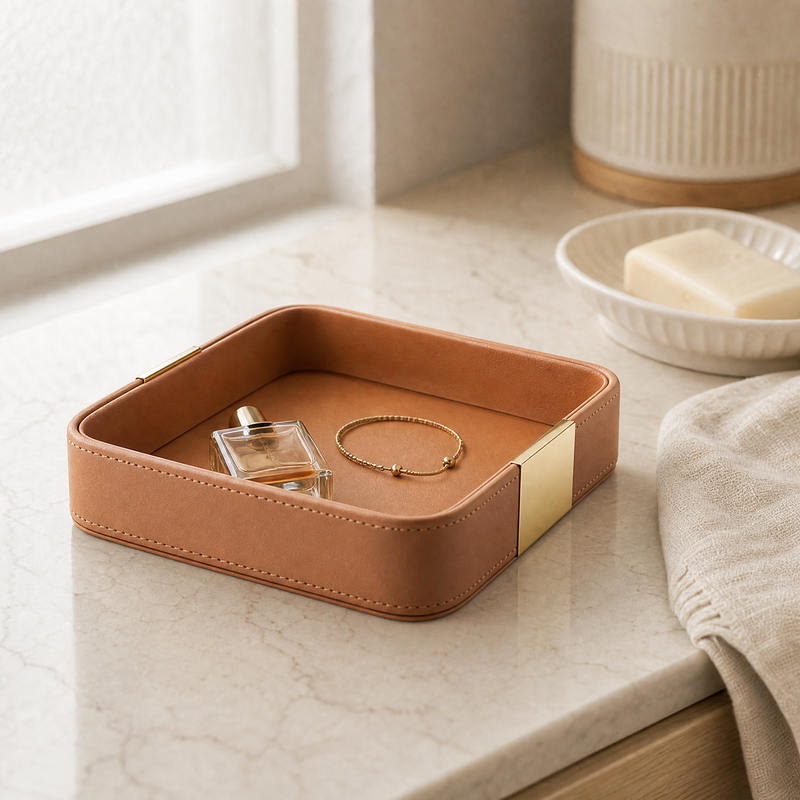 Vide-poche en cuir avec accents dorés — Organisateur de bureau vide-poche à clés