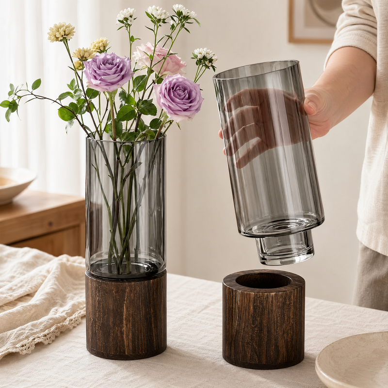 Glass Cylinder Vase with Wood Base – Smoky Glass Flower Vase for Modern Home Decor