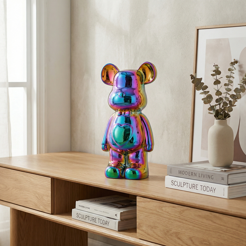 Metallic Ceramic Teddy Bear Statue – Modern Home Decor