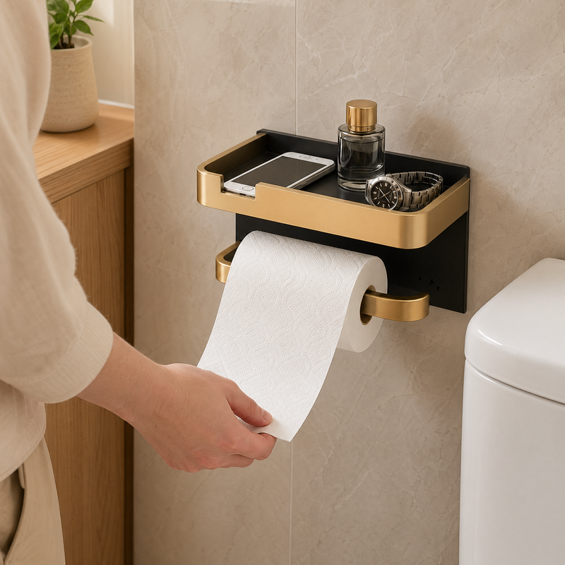 Porte-papier toilette avec étagère – Rangement mural en aluminium pour téléphone, organisateur de salle de bain