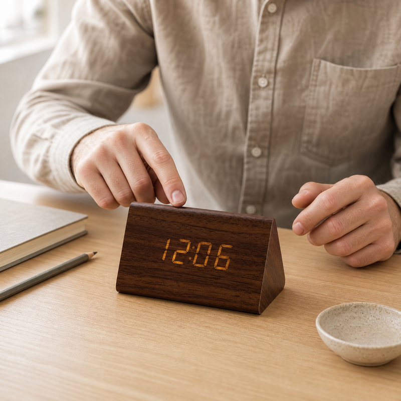 Réveil numérique LED en bois — Horloge de bureau triangulaire, à commande vocale, alimentée par USB
