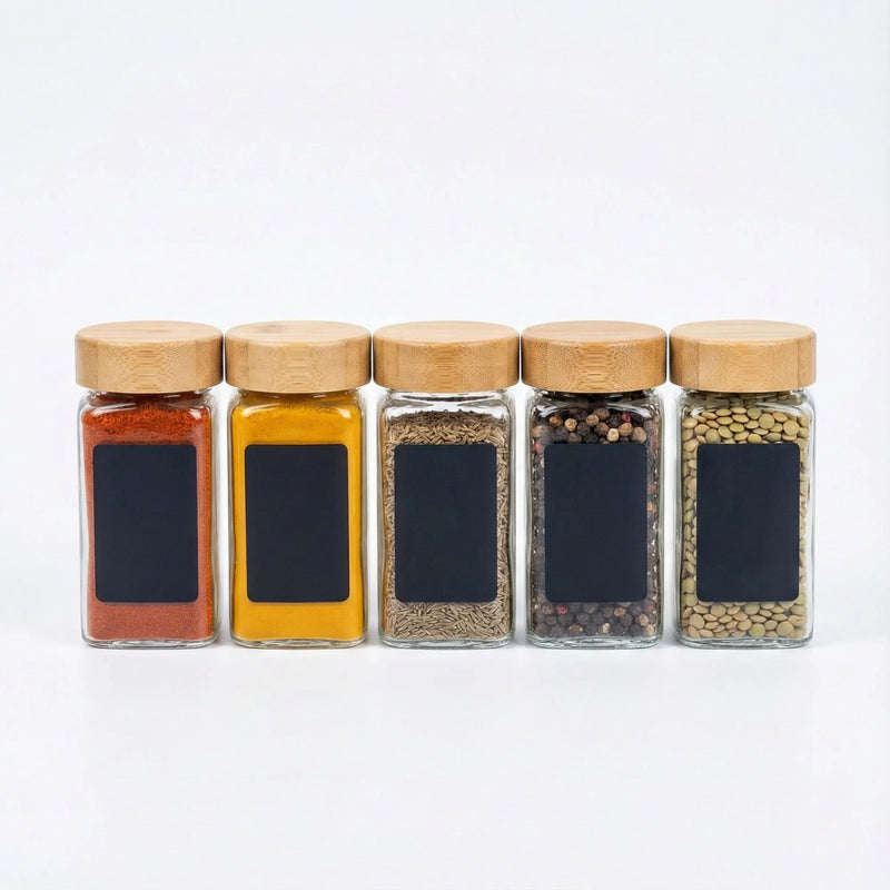Glass Spice Jar Set with Wooden Bamboo & Rosewood Lids – 120ml with Labels, Kitchen Organisation