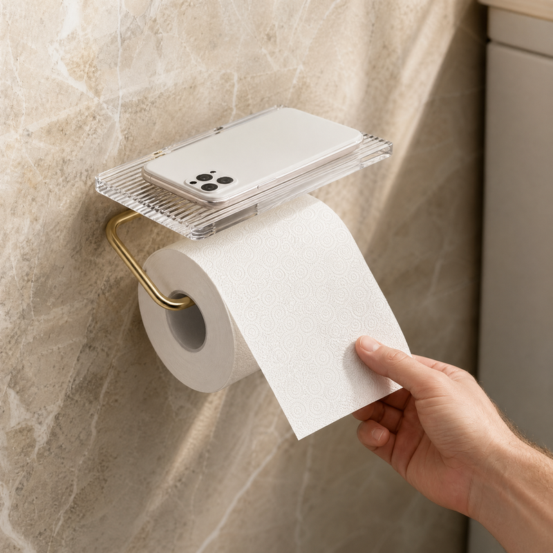 Porte-rouleau de papier toilette mural avec étagère en acrylique — Rangement de salle de bain or et argent