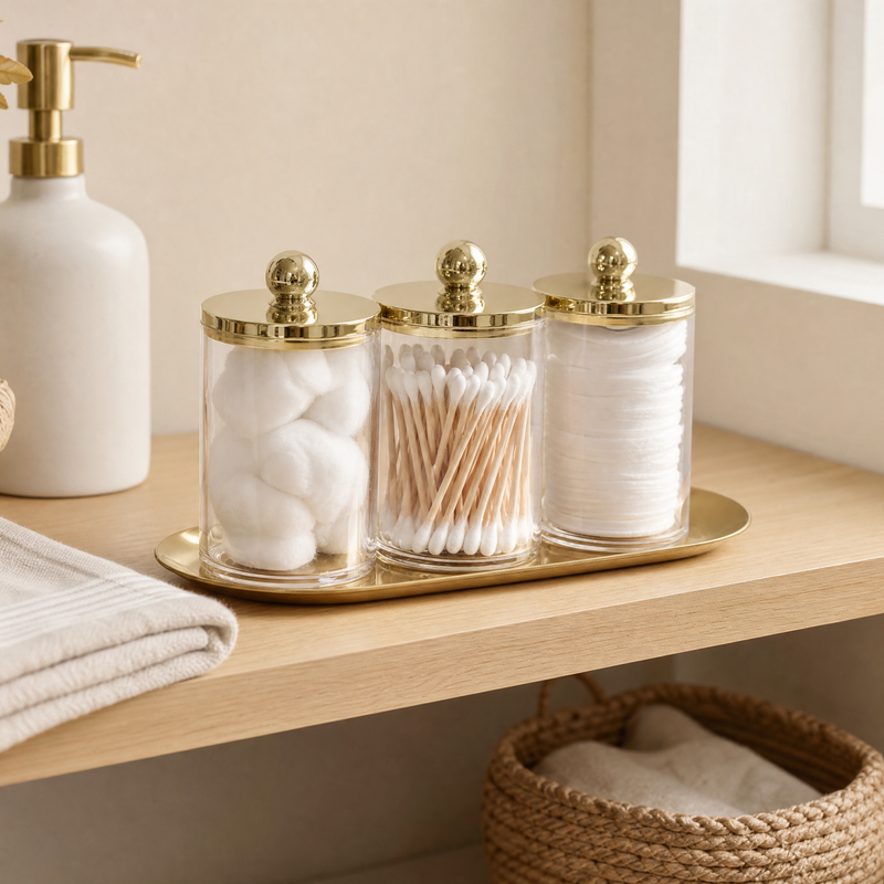 Apothecary Jar Set with Gold Tray – Qtip Holder Bathroom Organizer Canister