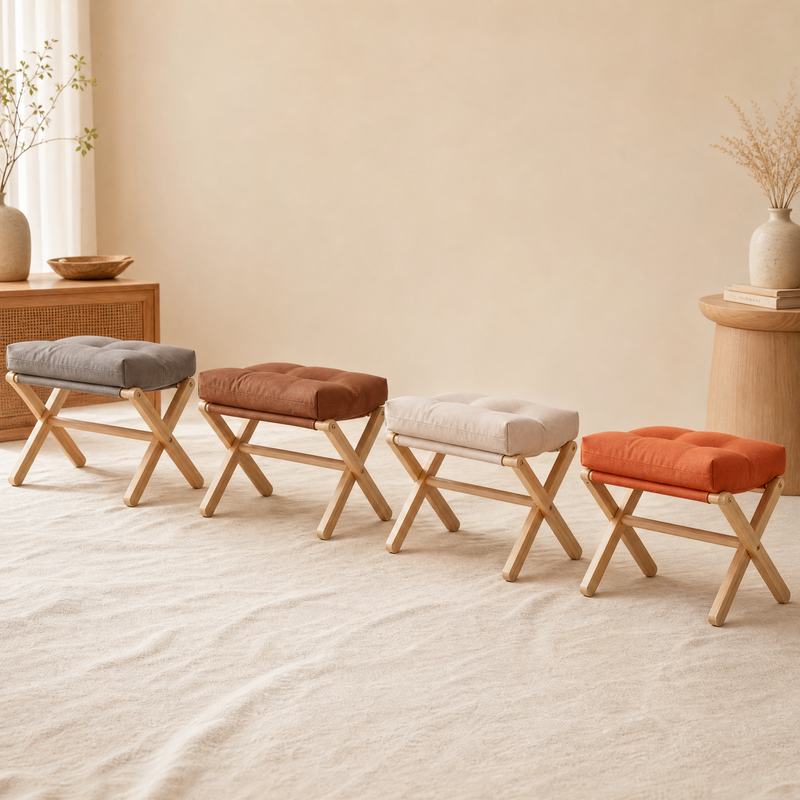 Cushioned Folding Footstool – Solid Wood X-Frame Entryway Bench Sofa Foot Rest