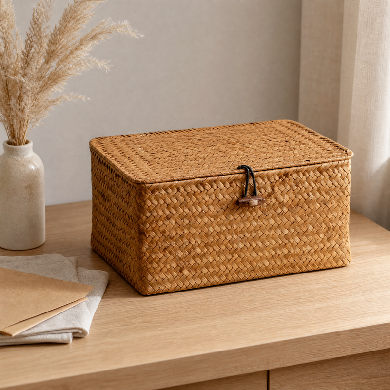 Handwoven Rattan Box with Lid – Natural Desktop Storage Basket Boho Home Organizer