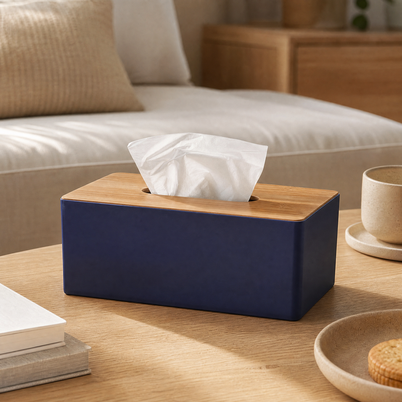 Bamboo Lid Tissue Box – Minimalist Desk Organizer for Living Room or Bathroom