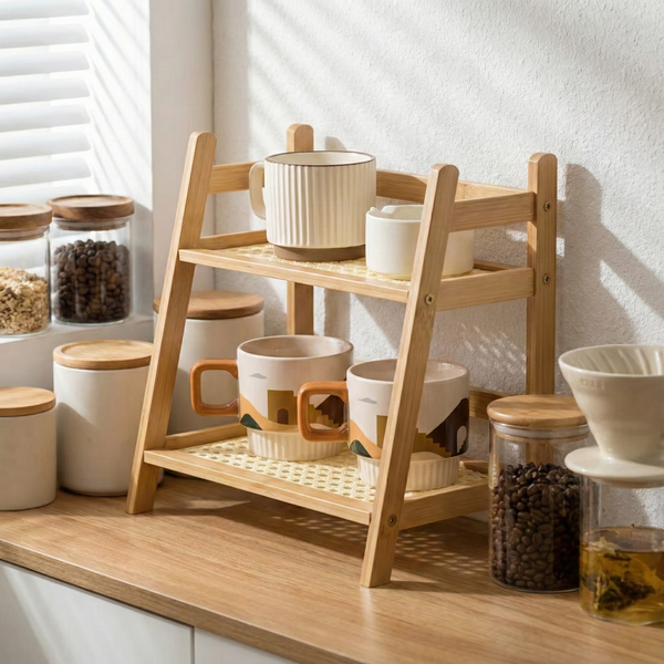Bamboo Countertop Organizer – 2 Tier Rattan Shelf for Kitchen, Coffee Bar & Bathroom Counter Storage dimensions