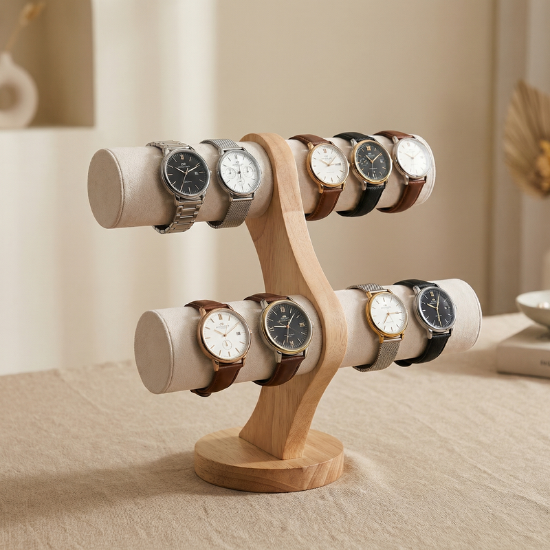 Présentoir de Montres – Support de Rangement en Bois à Double Niveau pour Commode, Chambre à Coucher, Bijoux