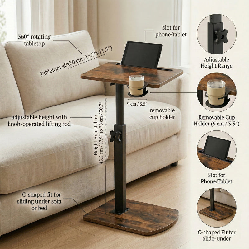 Sofa Side Table – Height Adjustable, 360° Rotating Tabletop, C-Shaped End Table for Bed or Couch