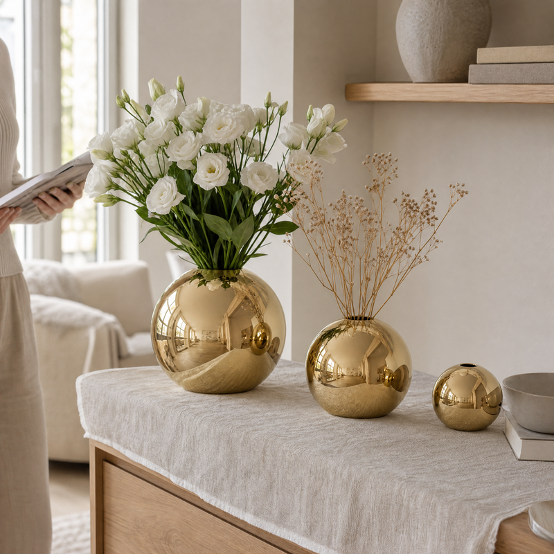 Gold Ceramic Ball Vase – Glossy Sphere Flower Pot for Modern Home Decor and Shelves