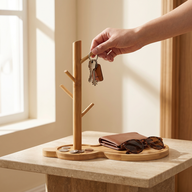 Porte-Clés Branche de Bambou avec Plateau de Rangement — Décor Organisateur de Bureau Nordique