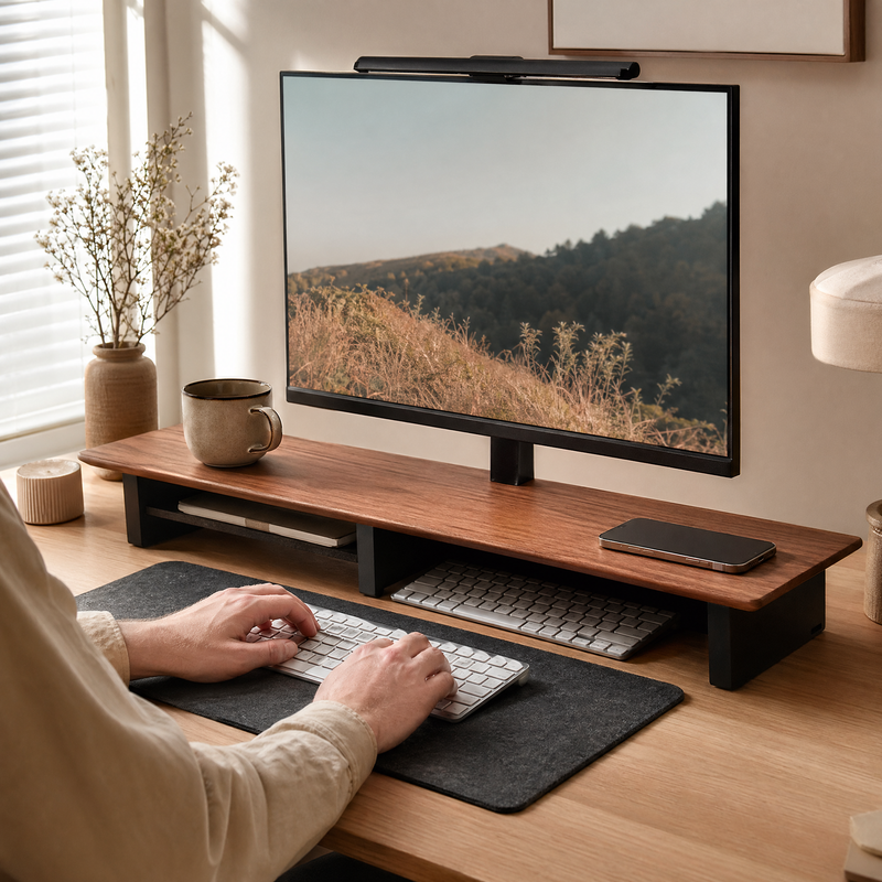 Monitor Stand with Side Shelf – Desk Organizer Screen Riser Ergonomic Office Storage