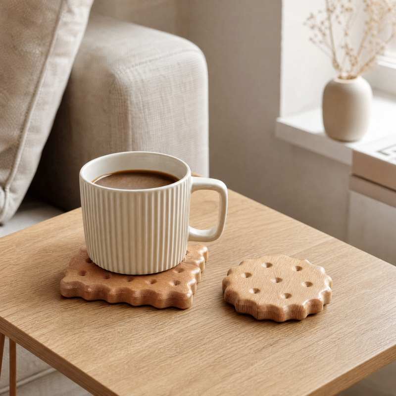 Wooden Biscuit Coaster – Cute Cookie Shape Desk Pad, Housewarming or Birthday Gift