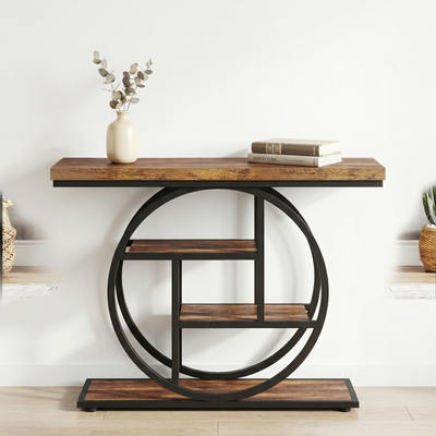 4-Tier Console Table – Modern Table with Open Shelves and Circular Frame for Living Room