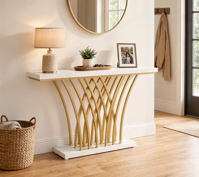 Modern Entryway Console Table – Gold Metal Base, Faux Marble Top, Hallway Sofa Table