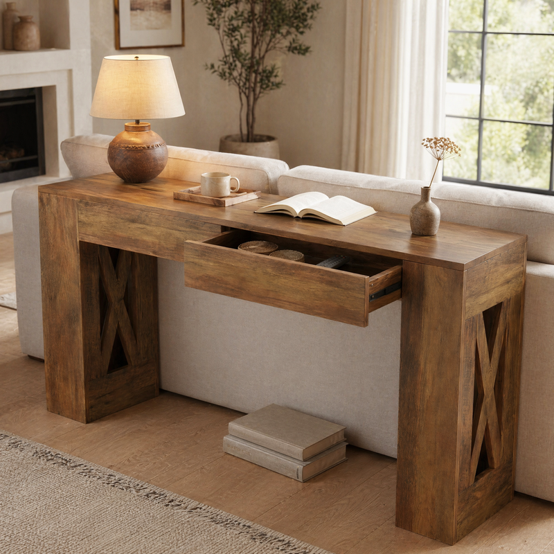 Farmhouse Console Table with Drawers – X-Shaped Legs, Entryway Hallway Sofa Table