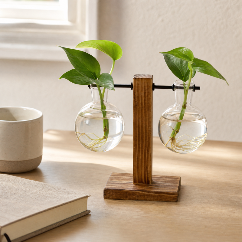 Glass Bulb Vase with Wood Stand – Hydroponic Propagation Planter Desk Decor
