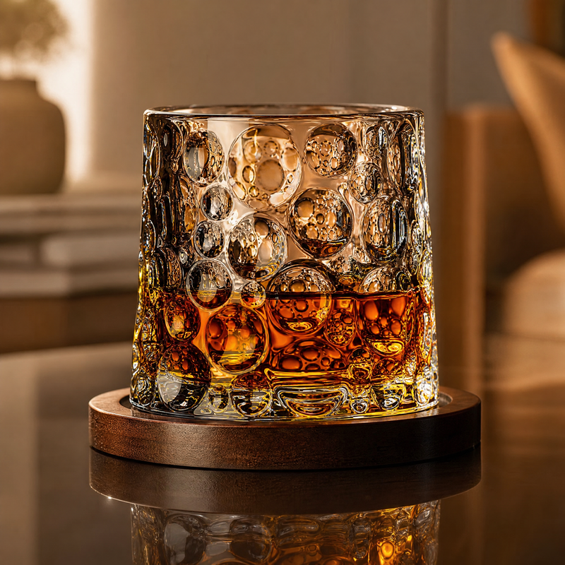 Crystal Tumbler Whiskey Glass – Textured Spinning Base, Cocktail, Bourbon, Bar Decor