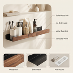 Floating Bathroom Shelf – Wood & Metal Wall Mounted Organizer, Punch-Free, Guardrail, Minimalist Decor