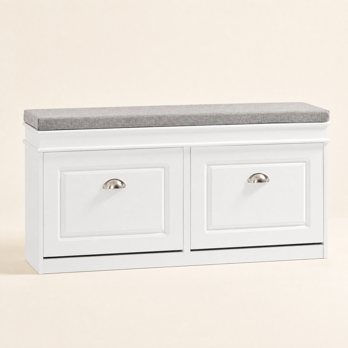 Shoe Storage Bench with Cushion – 2 Flip Drawers Entryway Seat White Hallway