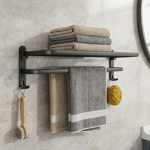 Towel Rack Wall Mount – Foldable Double Bar Aluminum with Shelf and Hooks for Bathroom