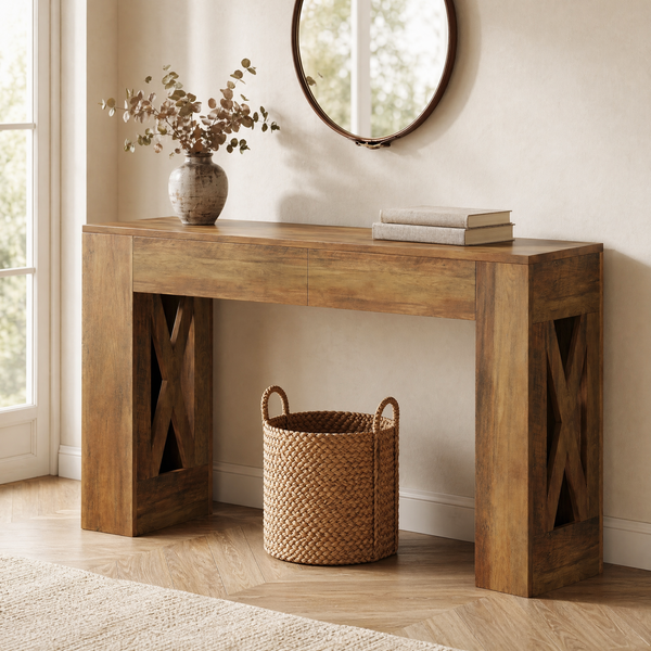 Farmhouse Console Table with Drawers – X-Shaped Legs, Entryway Hallway Sofa Table
