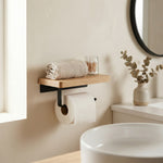 Toilet Paper Holder with Shelf – Wall Mounted Walnut Wood Storage Bathroom Organizer