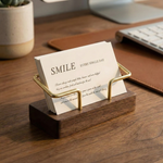 Business Card Holder – Wood and Metal Stand for Office Desk, Name Cards, Affirmation Display