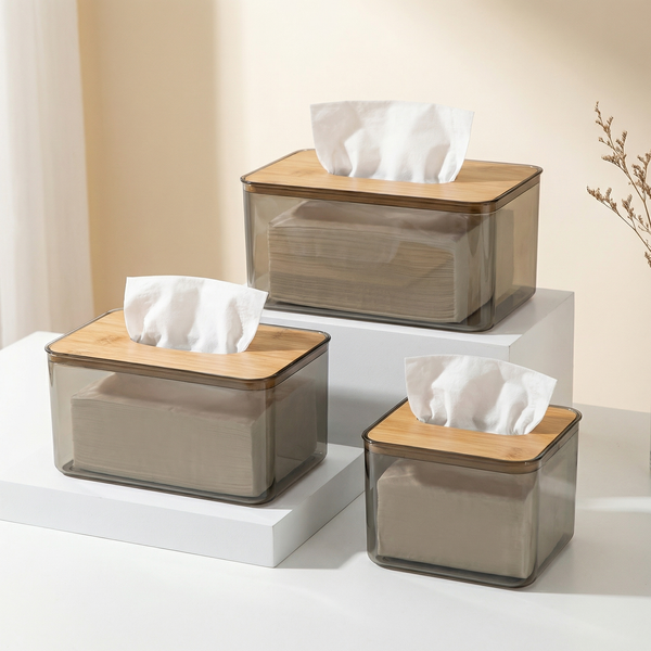 Tissue Holder with Bamboo Cover – Modern Minimalist Organizer for Desk Vanity Countertop Storage