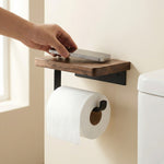 Toilet Paper Holder with Shelf – Wall Mounted Walnut Wood Storage Bathroom Organizer