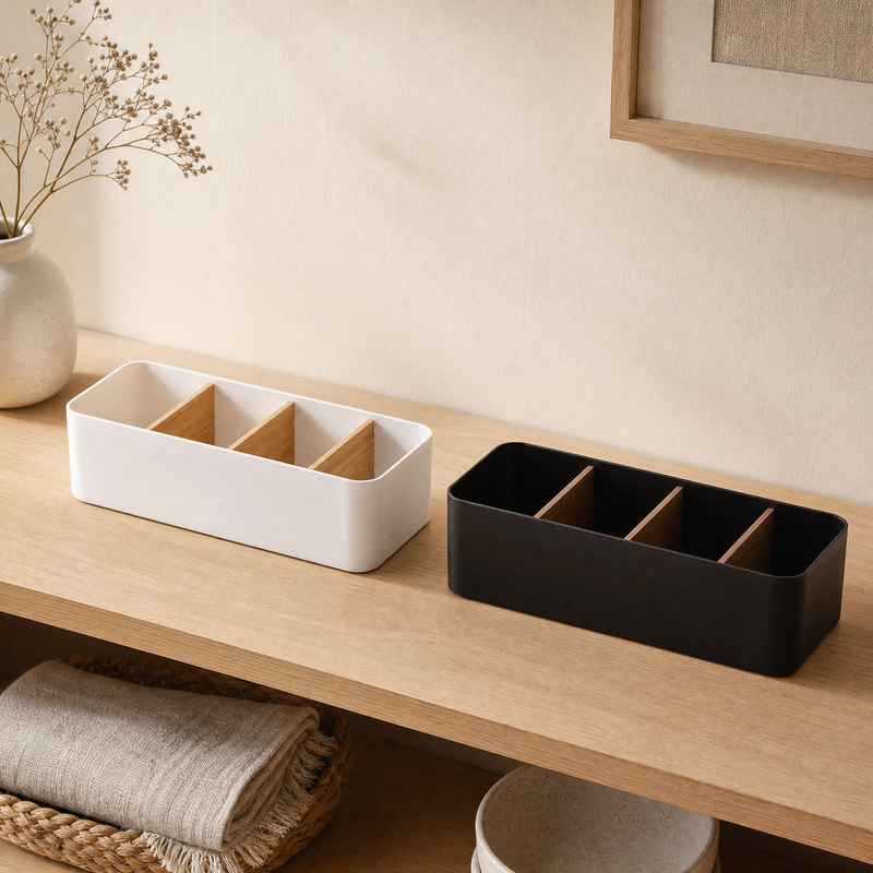 Desktop Storage Box with Wood Dividers – Desk Organizer for Home Office Decor