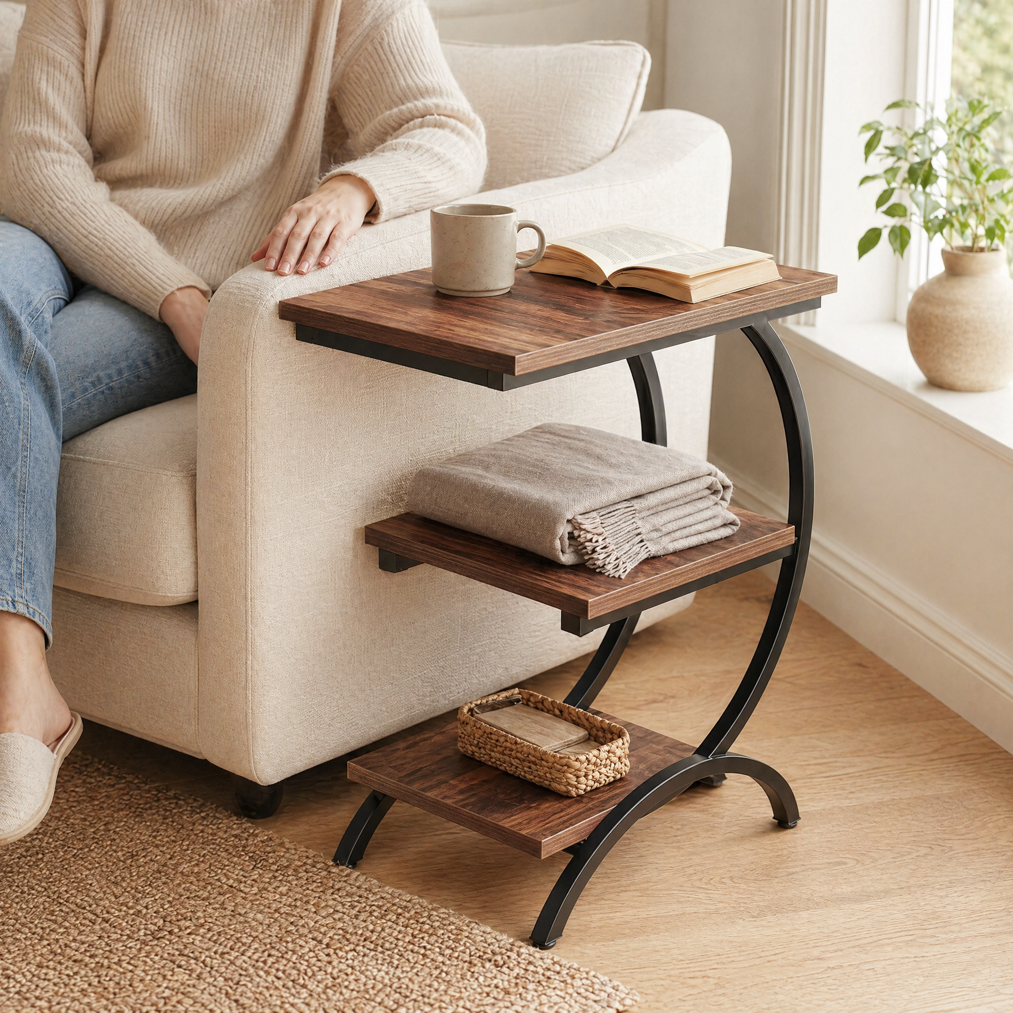 C-Shaped End Table with 3-Tier Shelves – Industrial Wood and Metal Sofa Side Table