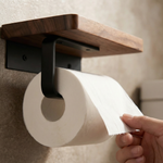 Toilet Paper Holder with Shelf – Wall Mounted Walnut Wood Storage Bathroom Organizer