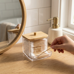 Cotton Swab Dispenser – Clear Acrylic Container with Bamboo Lid for Bathroom Organizer Storage