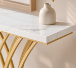 Modern Entryway Console Table – Gold Metal Base, Faux Marble Top, Hallway Sofa Table