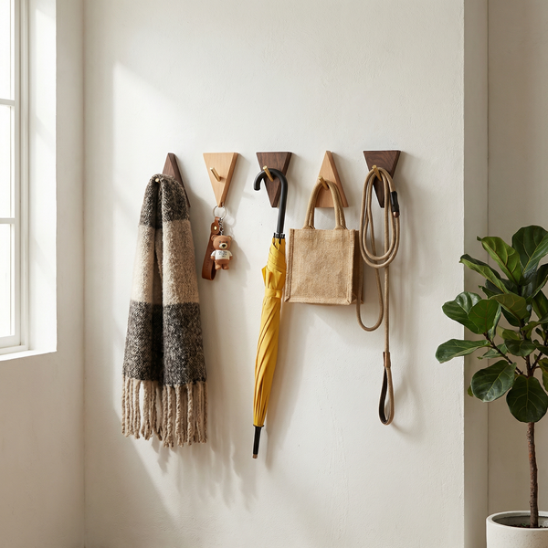 Modern Wooden Wall Hook – Self Adhesive Storage Hook with Angled Brass Peg for Home