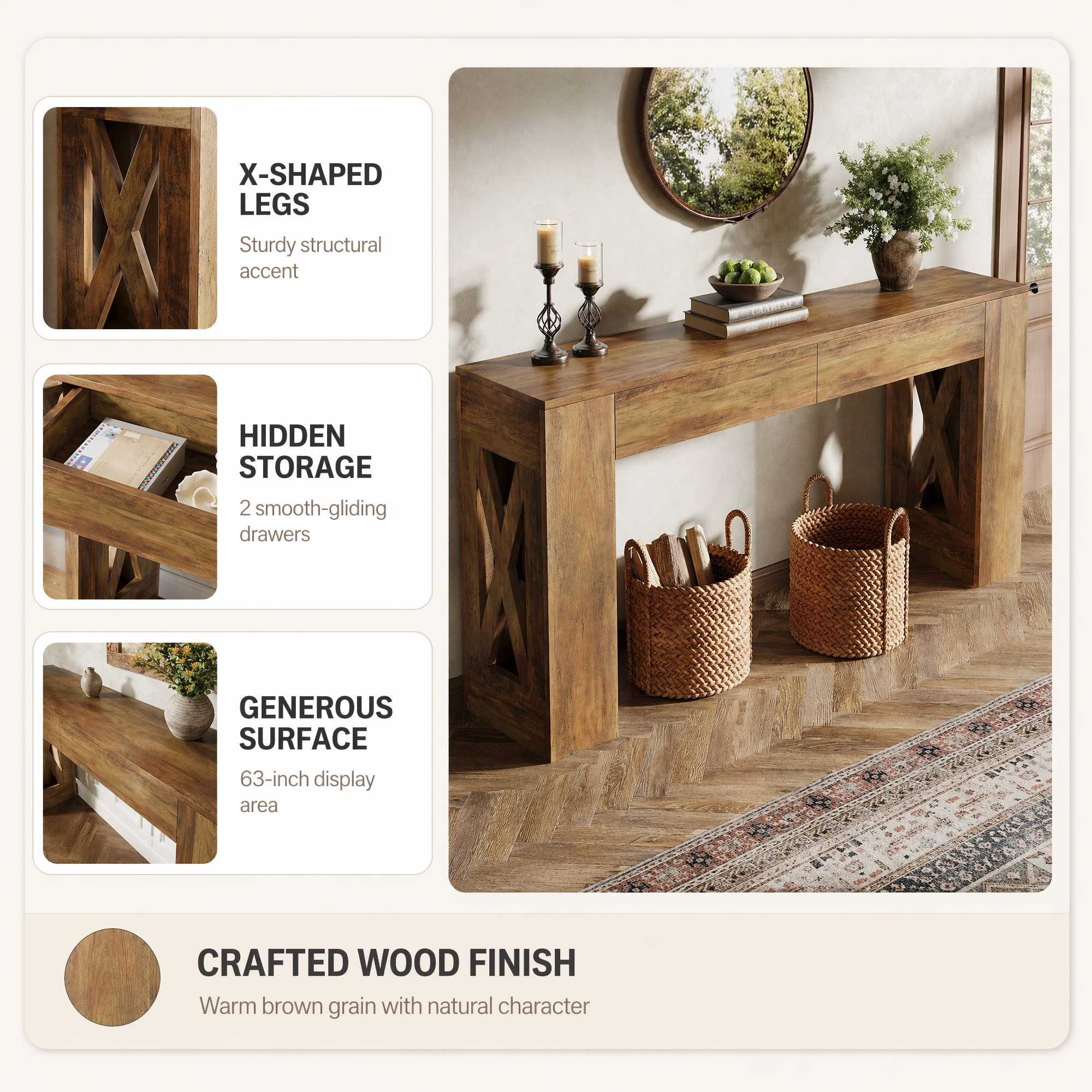 Farmhouse Console Table with Drawers – X-Shaped Legs, Entryway Hallway Sofa Table