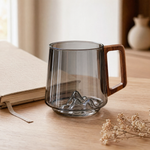 Glass Mug with Wooden Handle – Ribbed Smoky Design, Mountain Relief Base, 400ml
