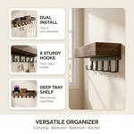 Floating Shelf with 6 Hooks – Wall Mounted Key Holder Rustic Wood Home Organizer