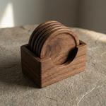 Wooden Coaster Set with Holder – 6 Round Coasters with Storage Stand for Kitchen & Living Room