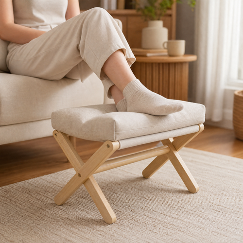 Cushioned Folding Footstool – Solid Wood X-Frame Entryway Bench Sofa Foot Rest