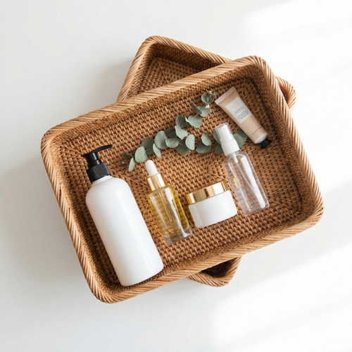 Handwoven Rattan Basket Organizer – Storage Tray for Cosmetics, Toiletries, Countertops & Dining Table