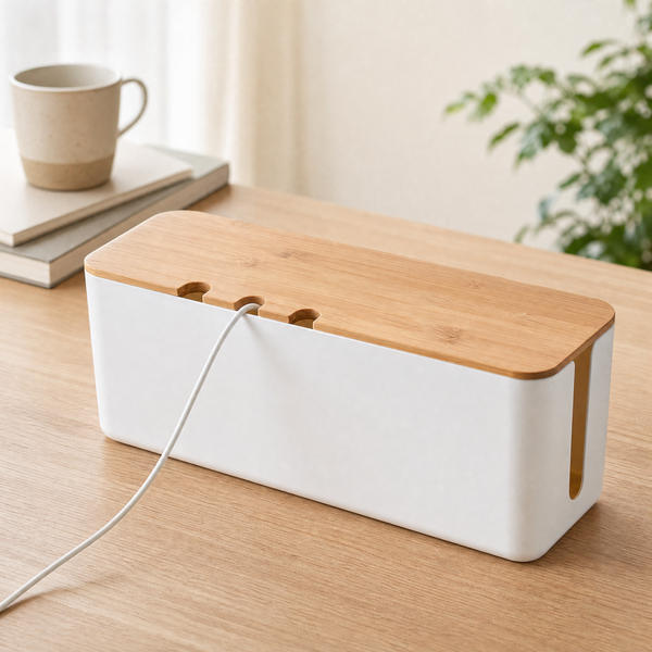 Cable Management Box with Bamboo Lid – Cord Organizer for Desk Power Strip and TV Wires