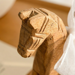 Wooden Rocking Horse Figurine – Hand Carved Detail with Fabric Bow for Decor