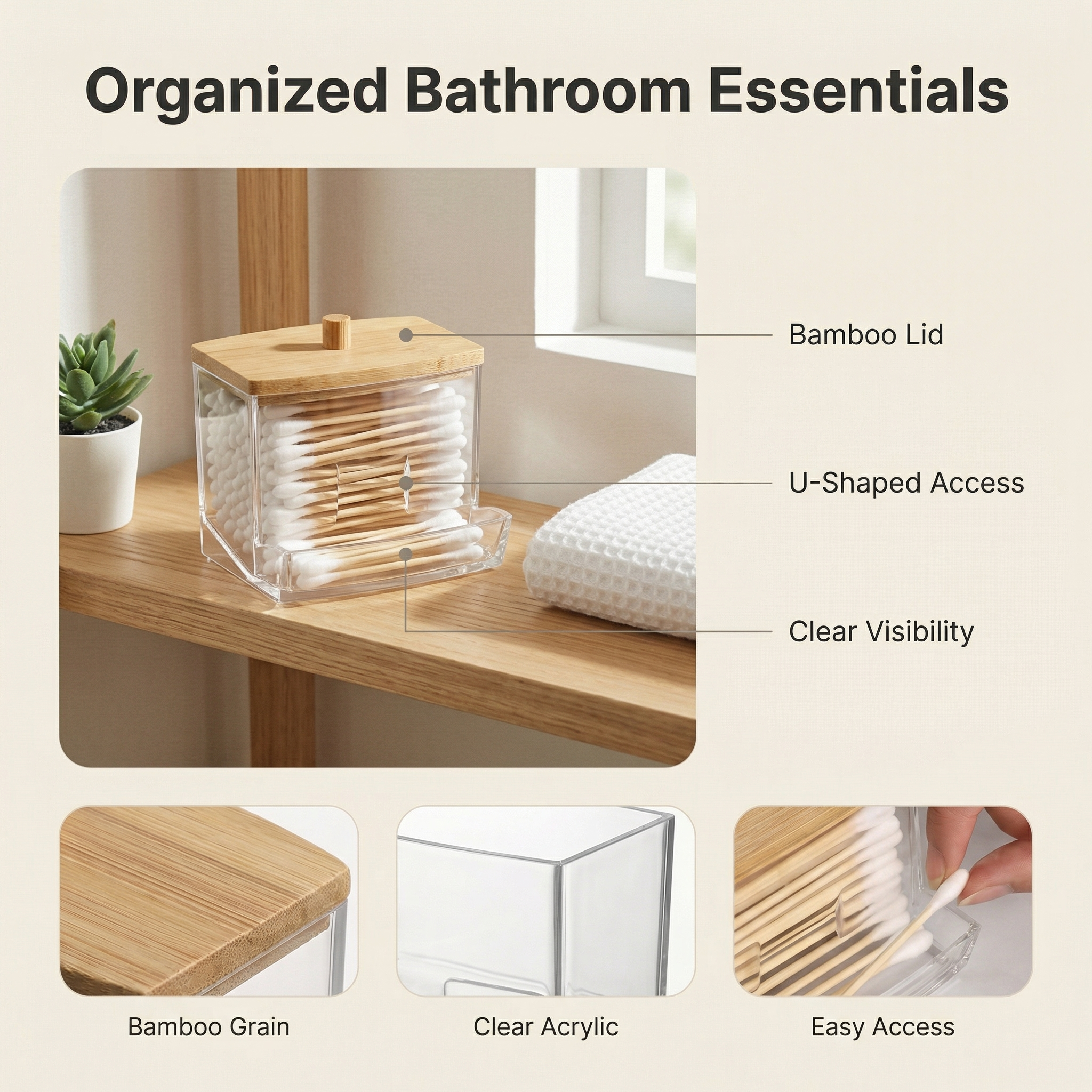Cotton Swab Dispenser – Clear Acrylic Container with Bamboo Lid for Bathroom Organizer Storage