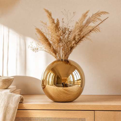Gold Ceramic Ball Vase – Glossy Sphere Flower Pot for Modern Home Decor and Shelves